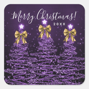 Elegante vakantie paarse kerstbomen strikken goud  vierkante sticker