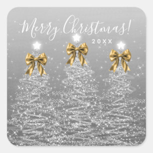 Elegante vakantie zilveren kerstbomen gouden strik vierkante sticker