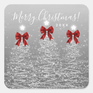 Elegante vakantie zilveren kerstbomen rode strikke vierkante sticker