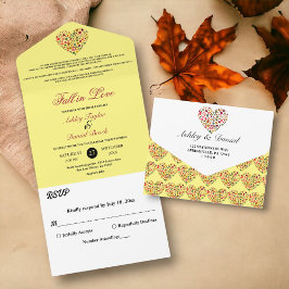 Elegante val laat hart geel bloemenbruiloft all in one uitnodiging