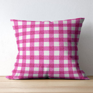 Elegante Valentijnsroze Glitter Tartan op Wit Kussen