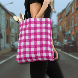 Elegante Valentijnsroze Glitter Tartan op Wit Tote Bag