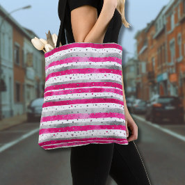 Elegante Valentijnsroze Zilveren Harten op Gestree Tote Bag