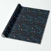 Elegante vallende kosmische harten in blauw en gou cadeaupapier (Uitgerold)