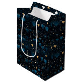 Elegante vallende kosmische harten in blauw en gou medium cadeauzakje (Voorkant Gekanteld)