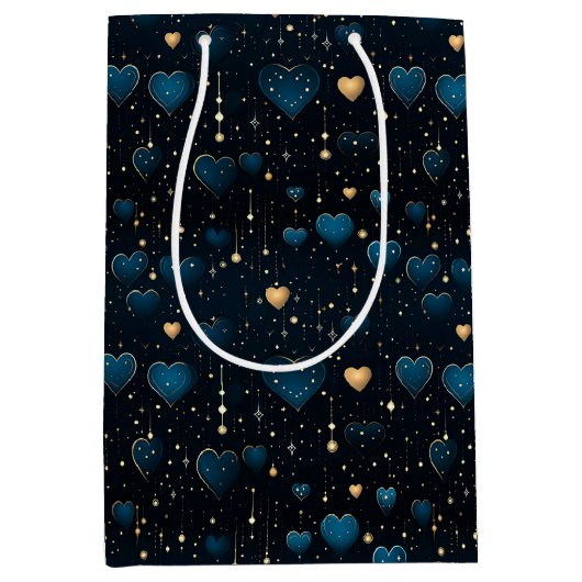 Elegante vallende kosmische harten in blauw en gou medium cadeauzakje (Voorkant)