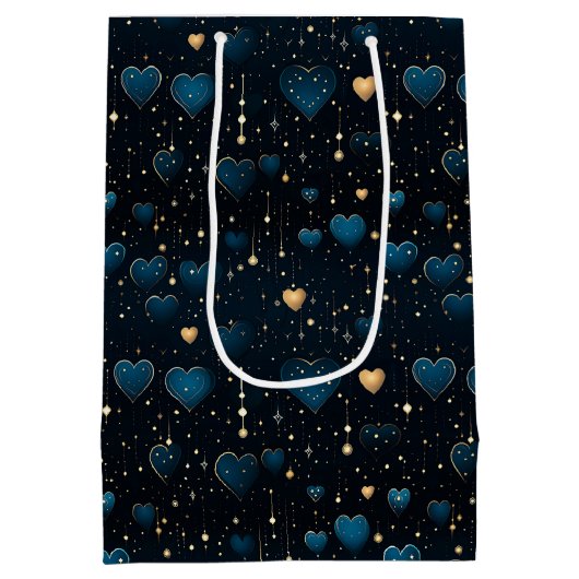 Elegante vallende kosmische harten in blauw en gou medium cadeauzakje (Achterkant)