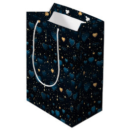 Elegante vallende kosmische harten in blauw en gou medium cadeauzakje
