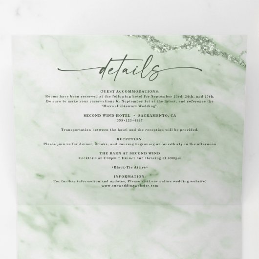 Elegante varen groen marmer met Folie bruiloft Drieluik Uitnodiging (Binnenzijde eerst)