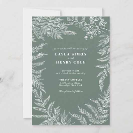Elegante varenblad botanische saliegroene trouwdag kaart (Voorkant)
