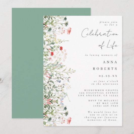 Elegante veldbloemviering van het leven kaart (Voorkant / Achterkant)