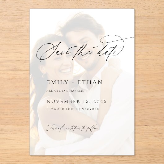 Elegante Vellum Overlay Foto Bruiloft Save the Dat Acryl Uitnodigingen (Voorkant)