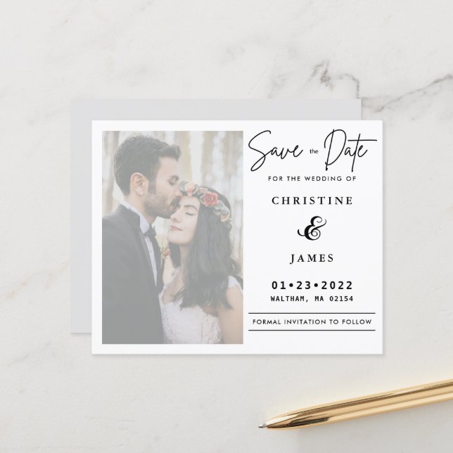 Elegante Vellum Script Foto Bruiloft Save The Date (Voorkant / Achterkant in situ)