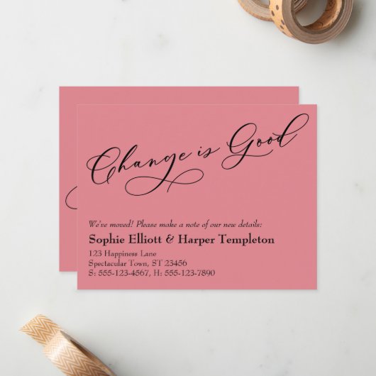 Elegante verandering is goede bewegende roze aanko notitiekaartje (Voorkant / Achterkant in situ)