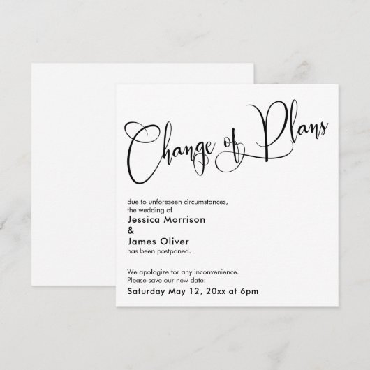 Elegante "Verandering van Plannen" Uitgestelde Bru Kaart (Voorkant / Achterkant)