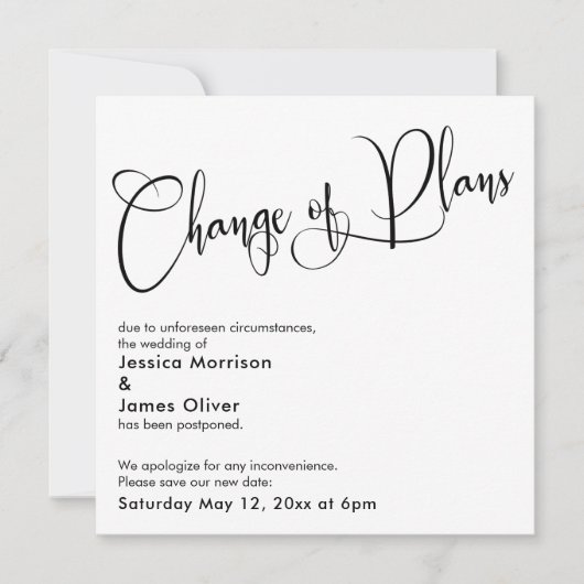 Elegante "Verandering van Plannen" Uitgestelde Bru Kaart (Voorkant)