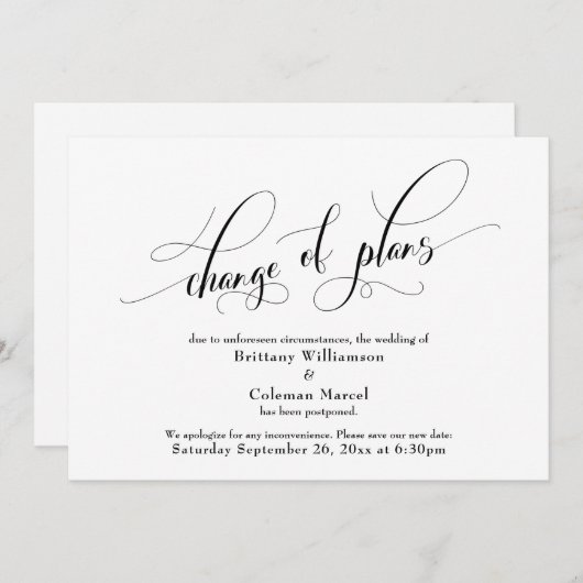 Elegante verandering van plannen Witte bruiloft aa Kaart (Voorkant / Achterkant)