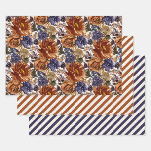 Elegante Verbrand Oranje Navy Blauwe Herfst Bloem Inpakpapier Vel