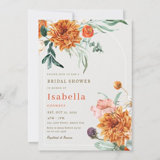 Elegante verbrande oranje herfst bloem bruidsshowe kaart (Voorkant)