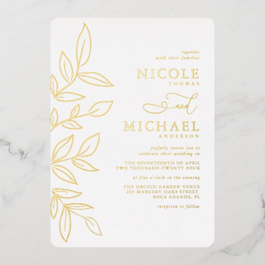 Elegante verbrande oranje minimale gouden blad tro folie uitnodiging (Voorkant)