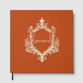 Elegante verbrande oranje monogram wapen trouw gas gastenboek