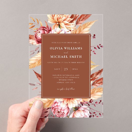 Elegante verbrande Sinaasappel Boho Chic Floral We Acryl Uitnodigingen (Insitu (Draagbaar))