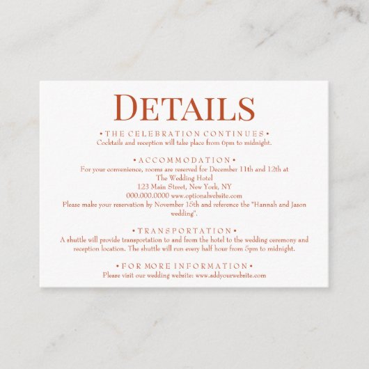 Elegante verbrande Sinaasappels trouwdetails Informatiekaartje (Voorkant)