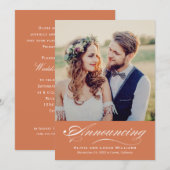 Elegante verbruind oranje bruiloftsfotoreceptie kaart (Voorkant / Achterkant)