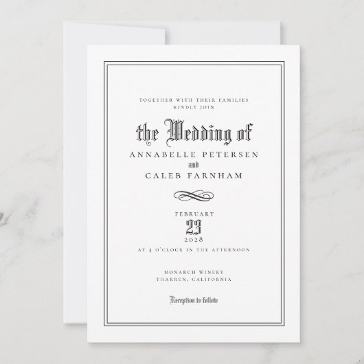 Elegante verfijnde formele zwart witte bruiloft kaart (Voorkant)