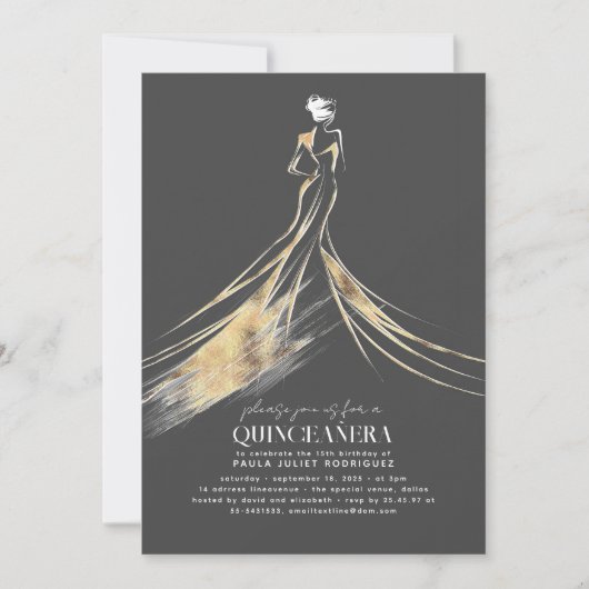 Elegante verfijnde Gouden en Grijze QUINCEAÑERA Kaart (Voorkant)