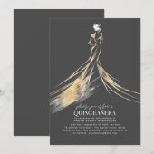 Elegante verfijnde Gouden en Grijze QUINCEAÑERA Kaart (Voorkant / Achterkant)