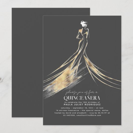 Elegante verfijnde Gouden en Grijze QUINCEAÑERA Kaart (Voorkant / Achterkant)