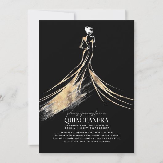Elegante verfijnde zwart en goud QUINCEAÑERA Kaart (Voorkant)