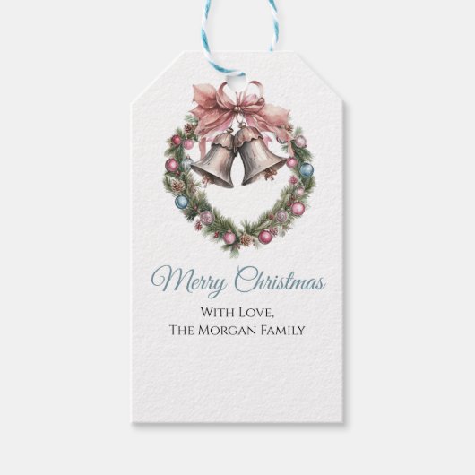 Elegante vergroening krans Bell & roze lint boog Cadeaulabel (Voorkant)