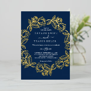 Elegante Vergulde Bloemmotief Goud Folie Marinebla Uitnodiging