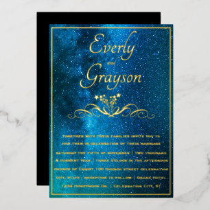 Elegante Veri Moody Tinten Blauw Bruiloft Goud Folie Uitnodiging