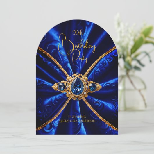 Elegante Verjaardag Blauw Goud Juweel Faux Velvet Kaart (Staand voorkant)