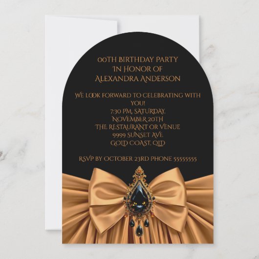Elegante Verjaardag Caramel Gouden Juweel Bow Zwar Kaart (Achterkant)