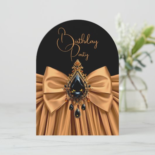 Elegante Verjaardag Caramel Gouden Juweel Bow Zwar Kaart (Staand voorkant)