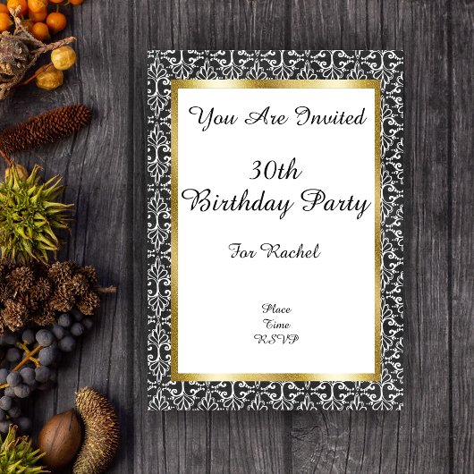 Elegante Verjaardag Damask Gold Lijst Zwart Wit Acryl Uitnodigingen