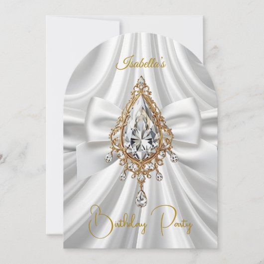Elegante Verjaardag Goud Wit Diamanten Juweel Bow Kaart (Voorkant)