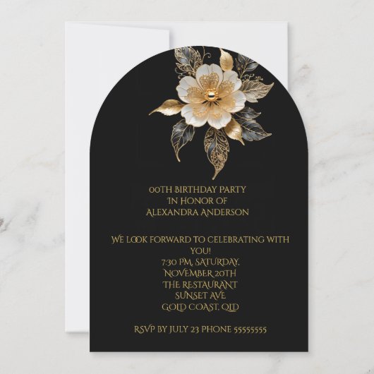 Elegante Verjaardag Goud Zwart Wit Bloem Kaart (Achterkant)