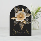 Elegante Verjaardag Goud Zwart Wit Bloem Kaart (Staand voorkant)