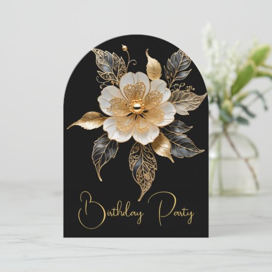 Elegante Verjaardag Goud Zwart Wit Bloem Kaart (Staand voorkant)