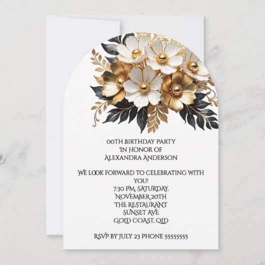 Elegante Verjaardag Goud Zwart Wit Bloemen Kaart (Achterkant)