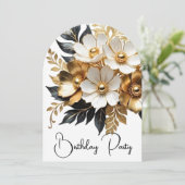 Elegante Verjaardag Goud Zwart Wit Bloemen Kaart (Staand voorkant)