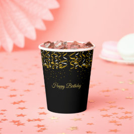 Elegante verjaardag gouden confetti op zwart papieren bekers