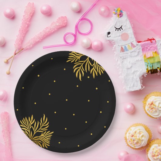 Elegante verjaardag gouden gebladerte partij papieren bordje (Feest)