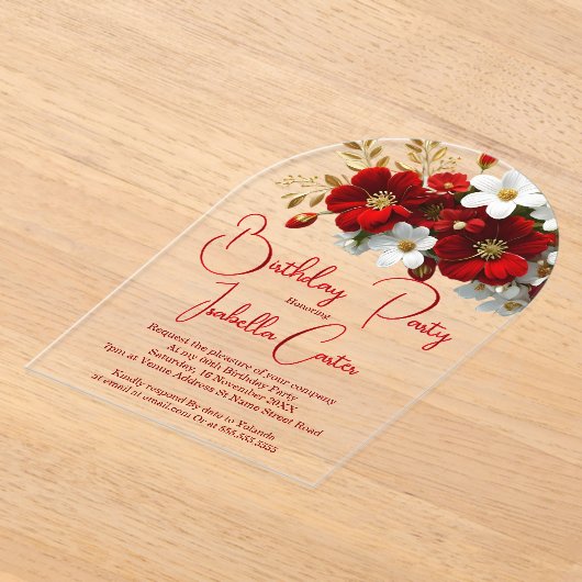 Elegante Verjaardag Helder Rood Wit Goud Bloemen Acryl Uitnodigingen (Laagn)