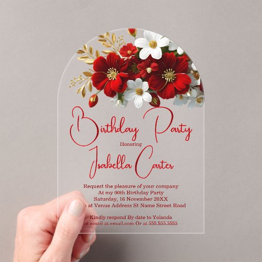 Elegante Verjaardag Helder Rood Wit Goud Bloemen Acryl Uitnodigingen (Insitu (Draagbaar))